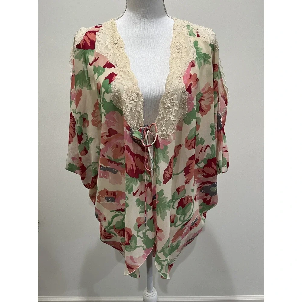 Vtg Victoria's Secret Kimono Pant Set Sz S Oversized‎ Gold Label Floral Sheer